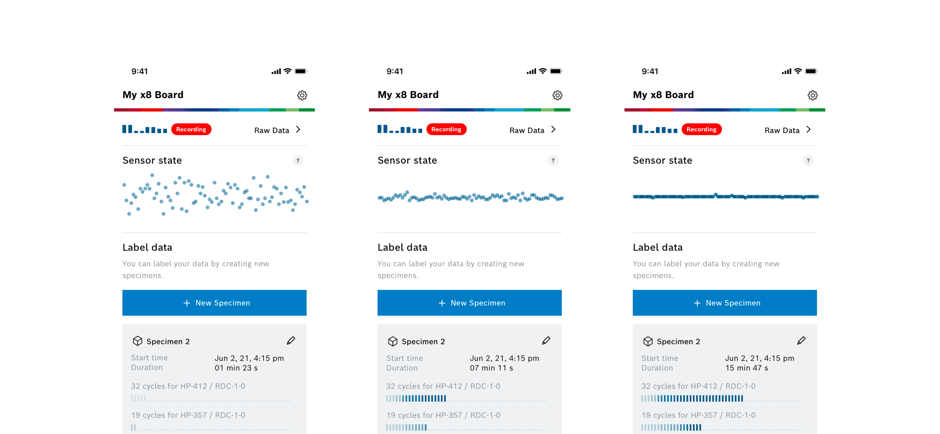 screenshots of AI-Studio Mobile app with final version of sensor state animation