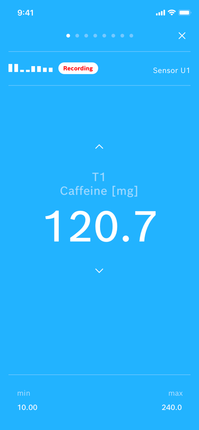 Screenshot of AI-Studio mobile with a graph showing the prediction history for the regression target caffeine