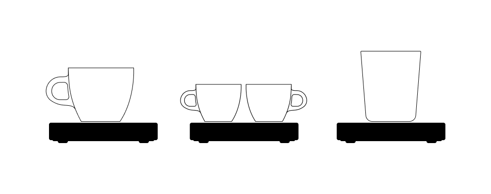 Graphic of three scales with different kinds of coffee cups placed on top.