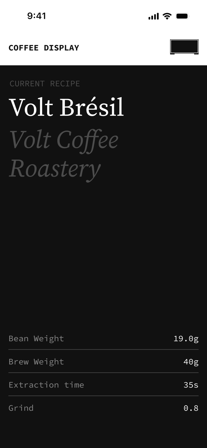 Screenshot of web app on a mobile phone showing the currently selected coffee blend Volt Brésil