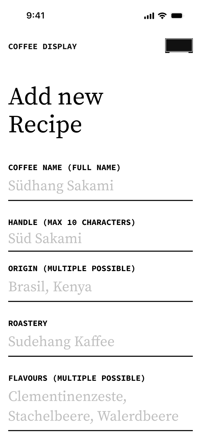 Screenshot of web app on a mobile phone showing a form to add a new recipe