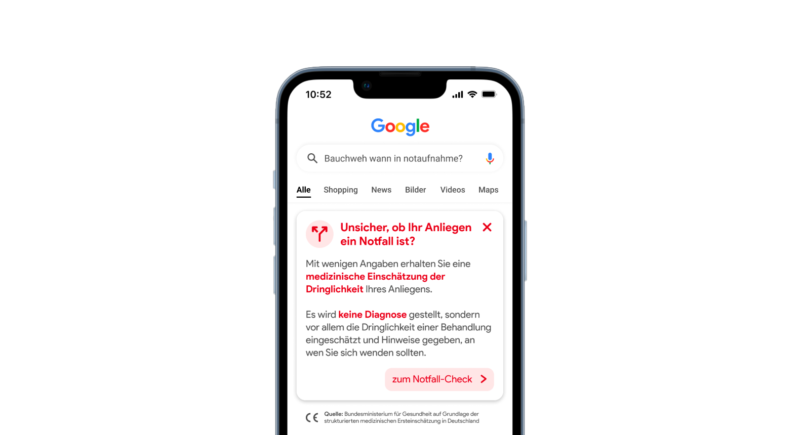 Design intervention 1 showing a google knowledge panel guiding a user to a online emergency assessment