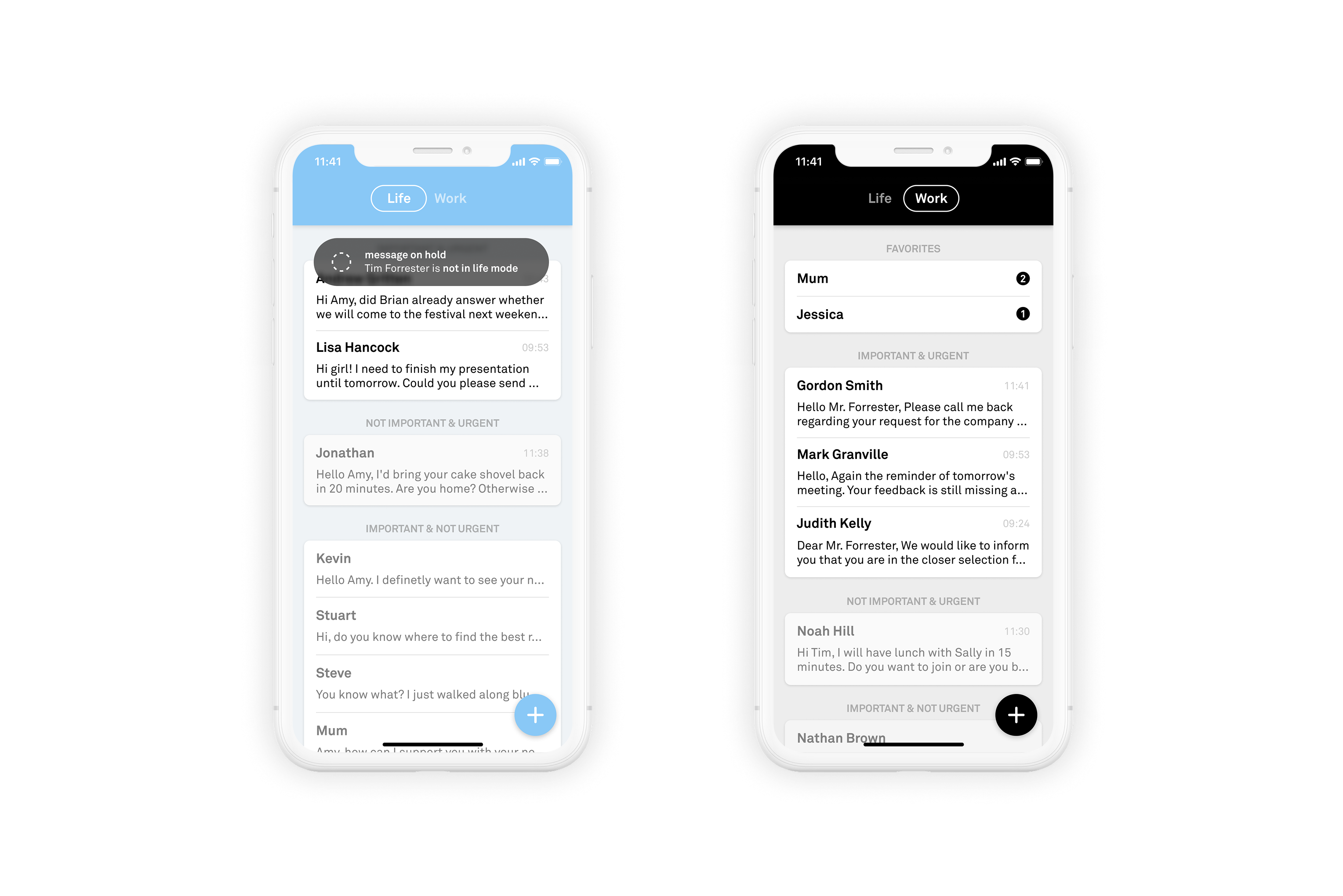 Screenshot showing the user interface in two modes – work and life mode