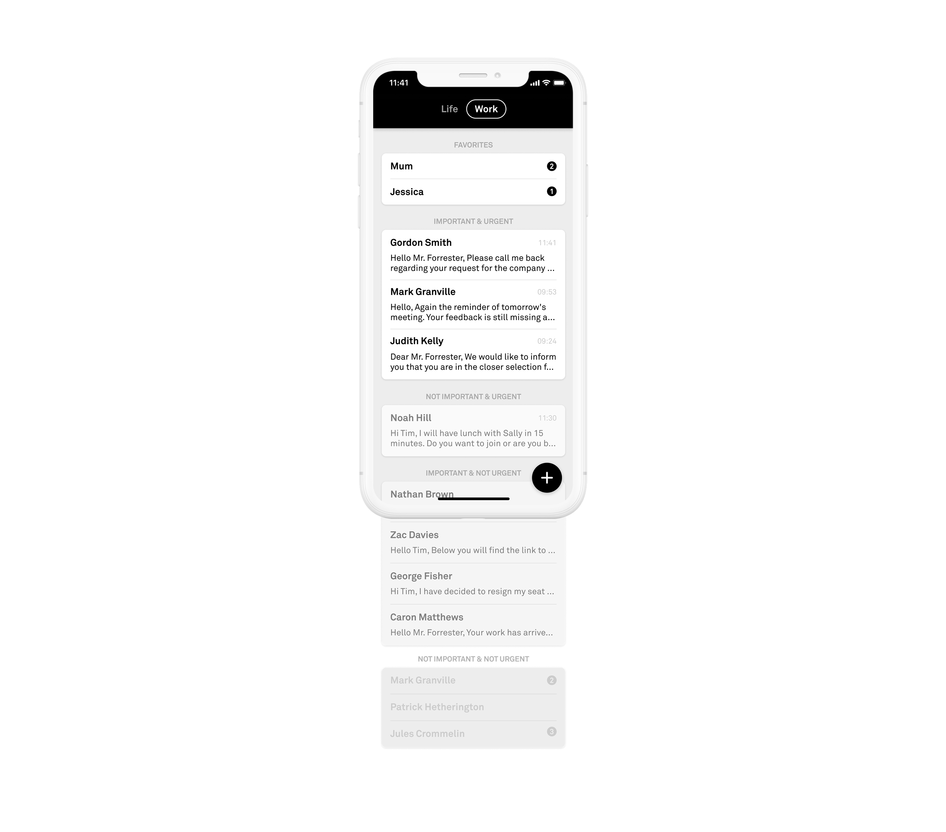 Screenshot showing the user interface on the recipients side with messages orderer by priority