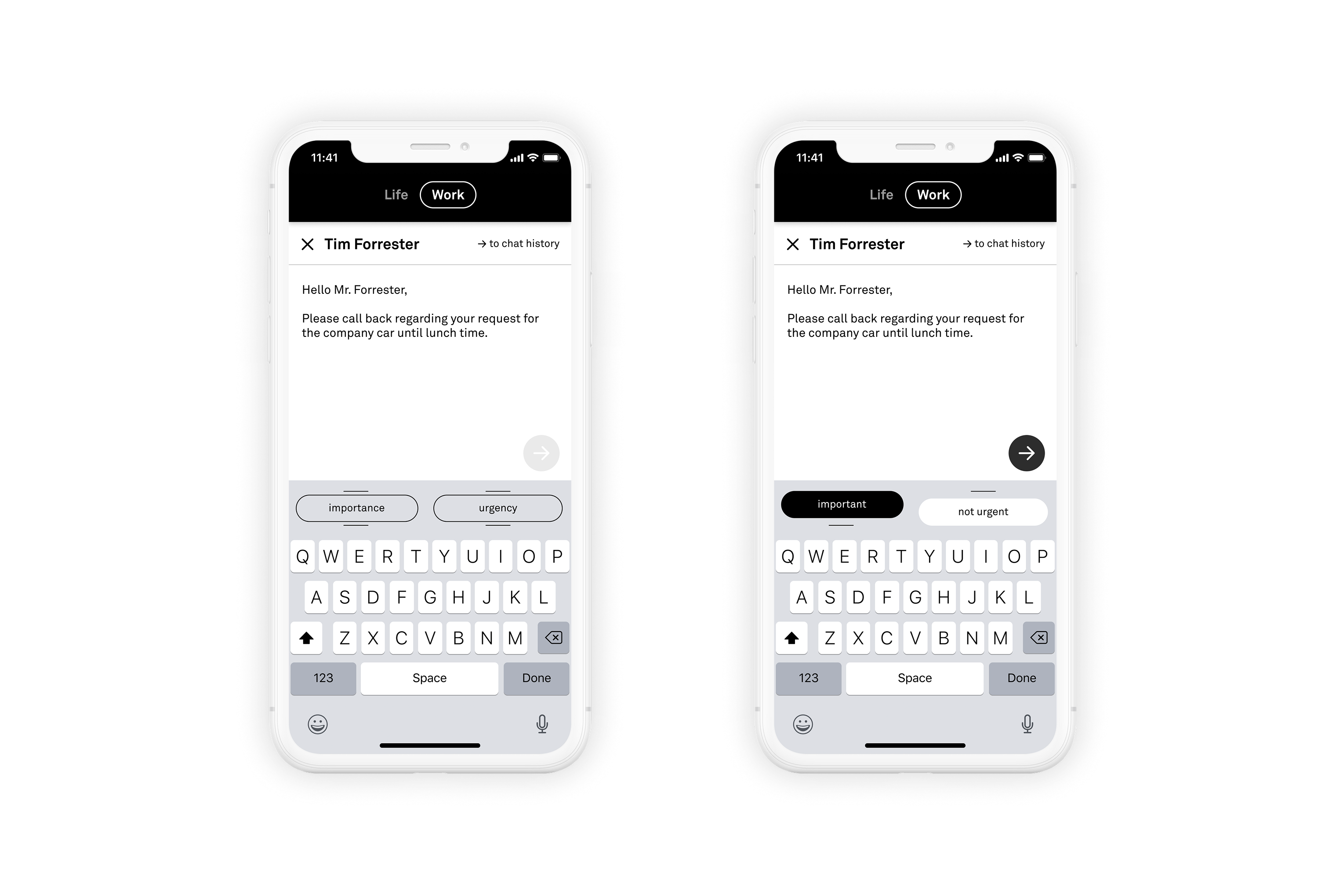 Screenshot showing the user interface before and after the sender of a message prioritizes a message before sending