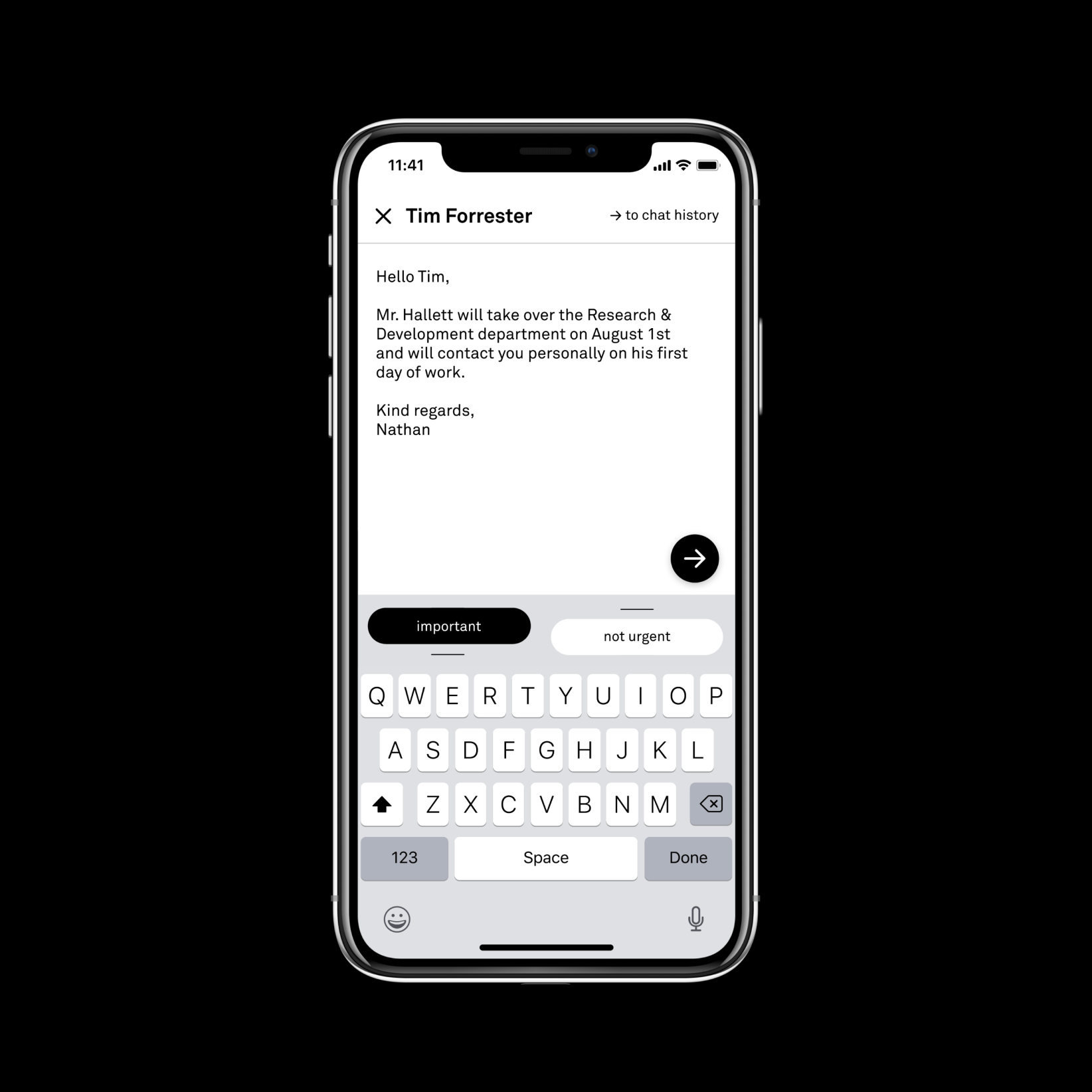 Messenger UI with active keyboard that has two additional buttons for defining urgency and importance of the message.