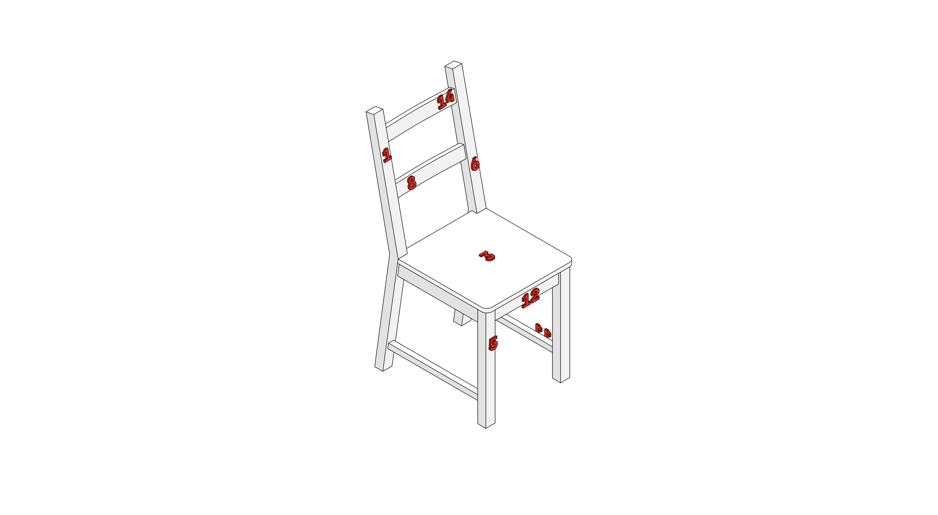 Schematic of a chair with cutout plastic numbers from 1 to 15 placed on the parts of the chair