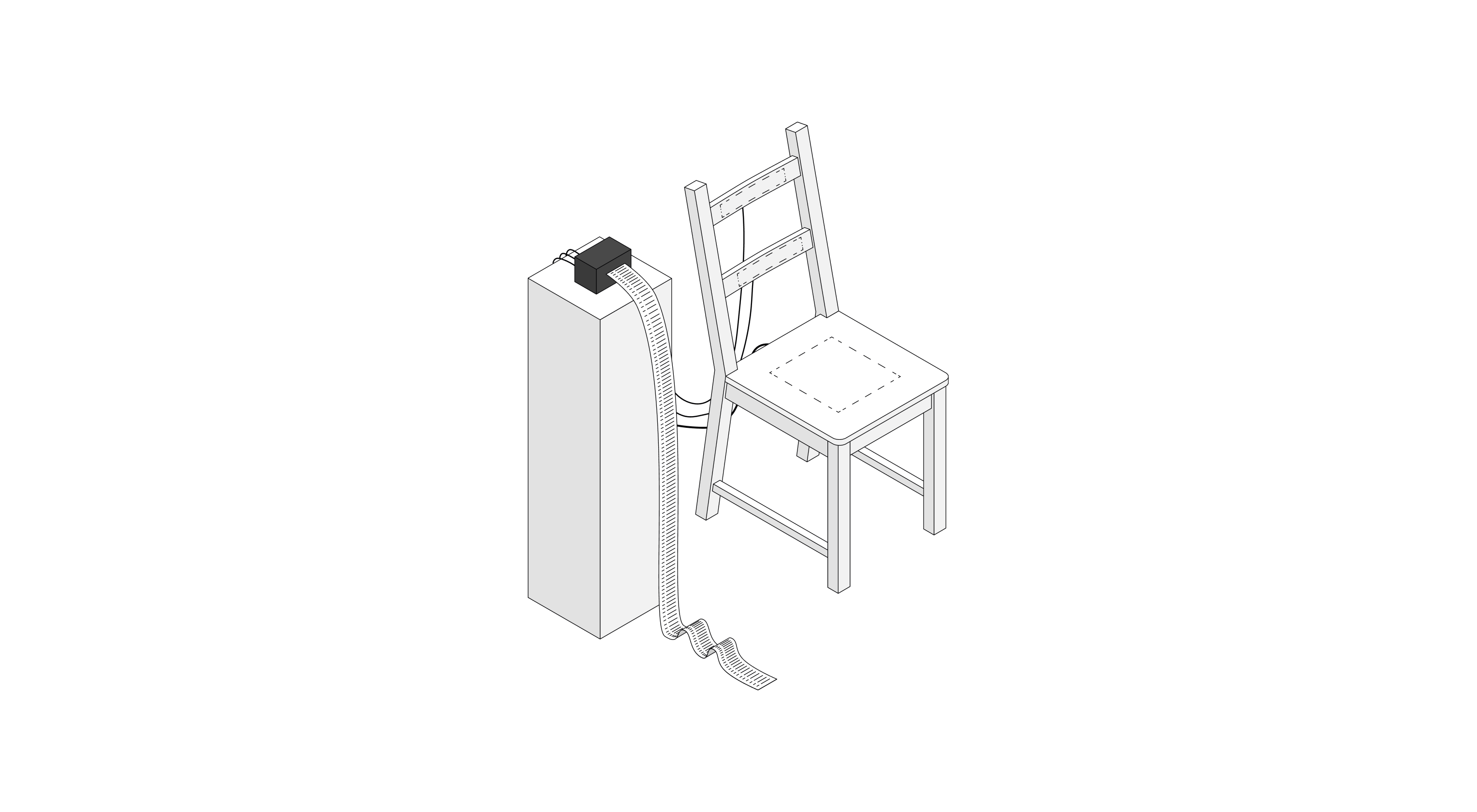 Schematic of a chair connected to a receipt printer standing next to it on a pedestal which prints an endless piece of paper