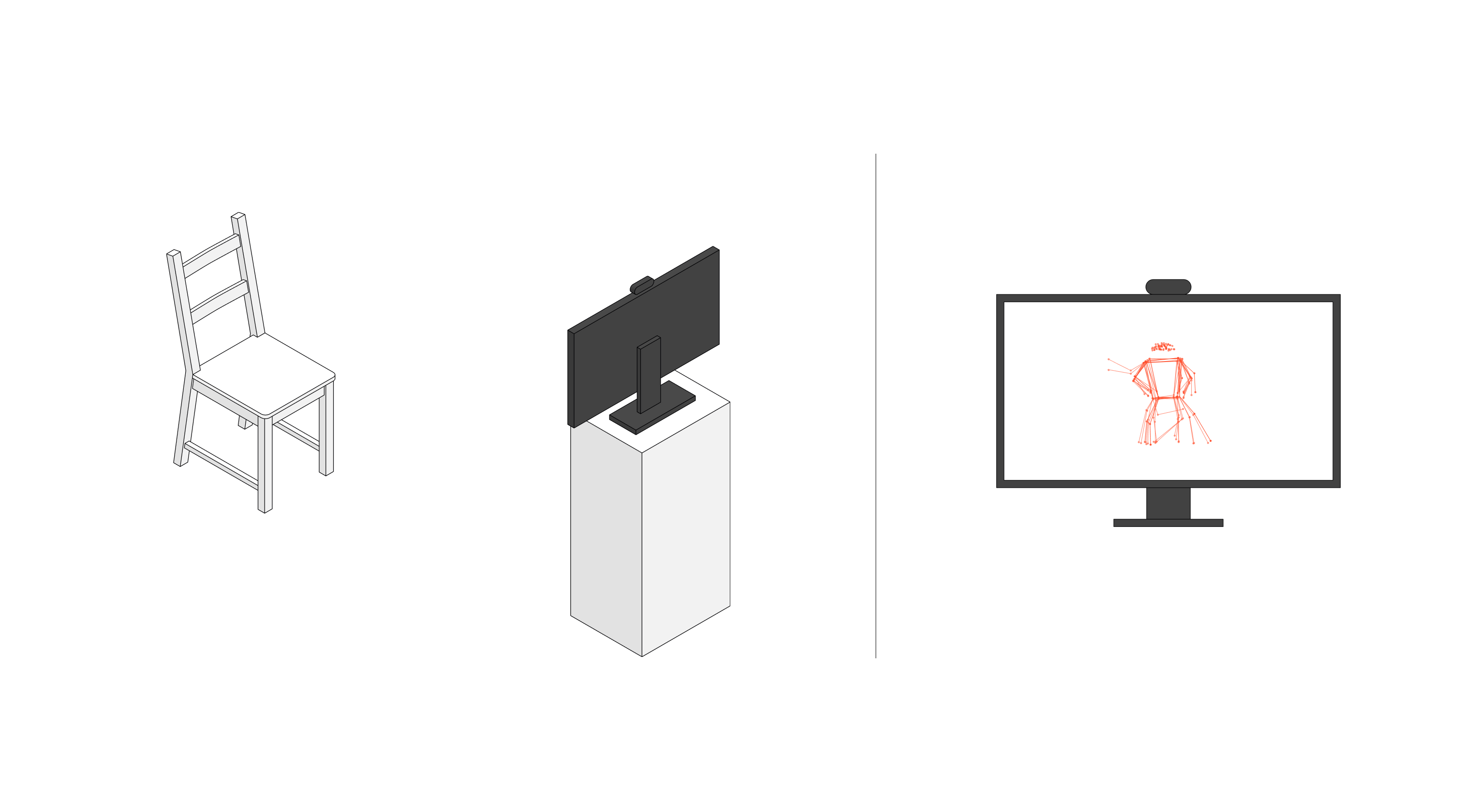 Schematic of a chair facing a tv screen with a webcam that shows a white canvas with multiple abstracted skeletons layered over each other